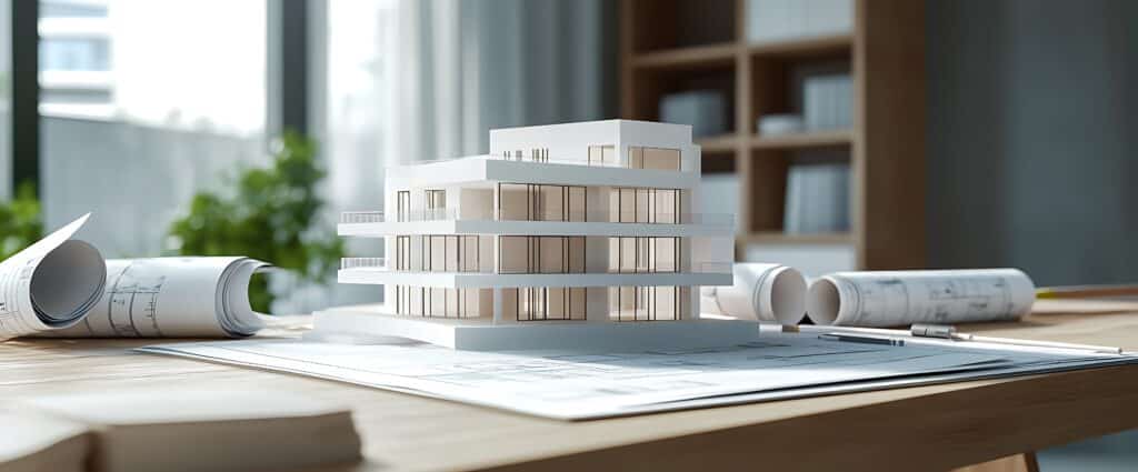 White model home on a table with blueprints.